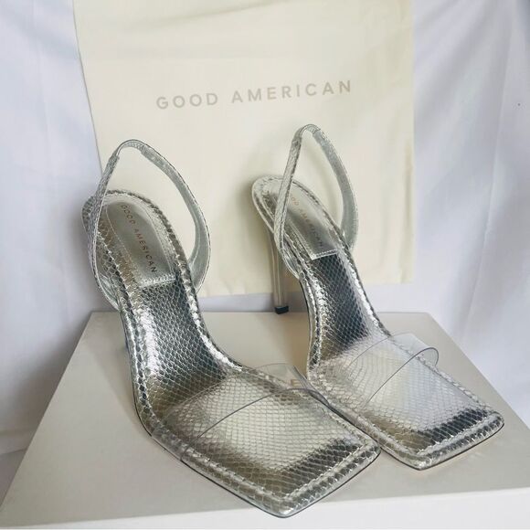 GOOD AMERICAN Heels Silver Snake Lucite Heels Size 12 square toe - Picture 3 of 12
